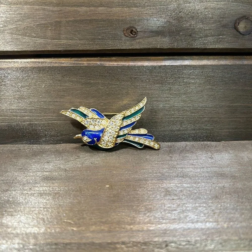Roman Signed Vintage Bird Brooch Gold Tone Rhinestone Blue Green Enamel